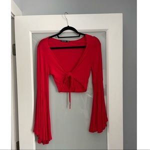 Red Front Tie Bell Sleeved Crop Shirt